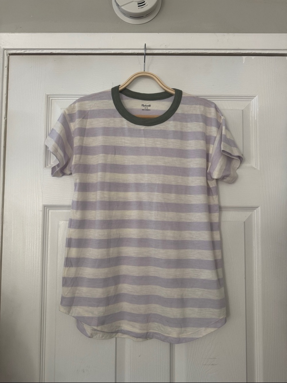 100% Cotton Striped Lavender & Cream Ringer Tee with Olive Neck